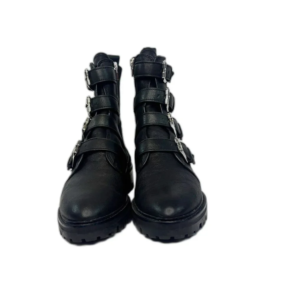 Dolce Vita Womens Combat Buckle Boots Gaven‎ Lug Black Leather Round Toe Size 8